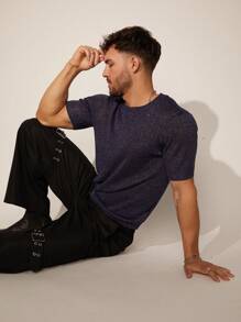 Manfinity Homme Men's Casual Sparkle Short Sleeve Knitted Top For Summer - Royal Blue - View 1