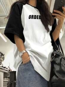 Camiseta de manga raglán de contraste de letra para mujer - Blanco - Ver 4