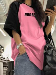Camiseta casual de verano con mangas raglán, bloque de color y estampado de letras para mujer, color rosa - Rosa - Ver 4