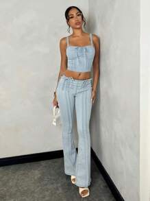 SHEIN BAE Quần jean lưng dây rút màu trơn có túi và ống loe cho nữ - Màu xanh lam - Xem 6