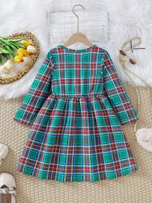 Vestido verde casual con estampado de tartán digital, manga larga, escote redondo y línea A para niñas, primavera y otoño - Verde - Ver 2