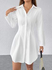 SHEIN PETITE Solid Button Front Shirt Dress,Summer Dresses For Women - White - View 5
