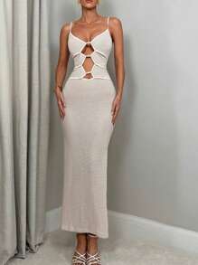 Firerie Women's Casual Sexy Elegant Hollow Out Front Cut Out  Spaghetti Strap Slit Thighs Sleeveless Crochet Long Dress,Summer Long Dresses,Bandage Dress