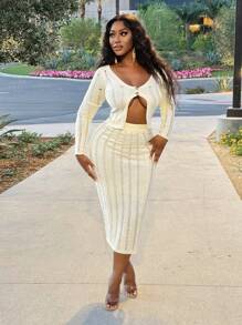 Slaydiva Autumn And Winter Casual Simple Home Deep V-Neck Long-Sleeved Front And Middle Hem Slit Top Slim-Fitting Back Hem High Slit Skirt Wide Ribbed Woolen Khaki Apricot Women's Sweater Two-Piece Set-A