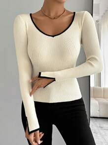 Celisse Black Edged, Split Cuff, Slim Fit Women's Casual Sweater,Long Sleeve Tops Knit Pullover Fall Winter Outfit - Apricot - View 3