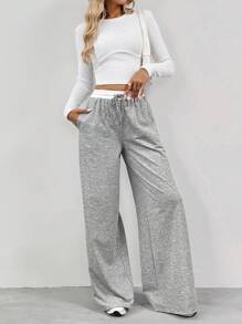 SHEIN Tall Quần ống rộng eo màu tương phản của nữ - Xám - Xem 5