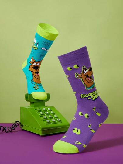 SCOOBY-DOO X SHEIN 2 pares de calcetines de media pantorrilla para mujeres con impresión de dibujos animados y letras en bloque de colores