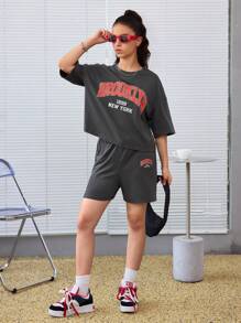 SHEIN Teenage Girl's Casual Loose Fit College-Style Black & Grey Knitted English Print T-Shirt With Waistband Labelled Shorts, 2pcs/Set - Dark Grey - View 3