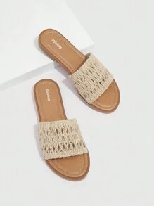 Styleloop 女鞋编织细节单带露趾舒适度假夏季户外米色面料平底凉鞋夏季度假鞋夏季特卖返校鞋大学生鞋波西米亚风复古乡村核心法式鞋圣诞节秋季新年假期 - 杏色 - 查看 4