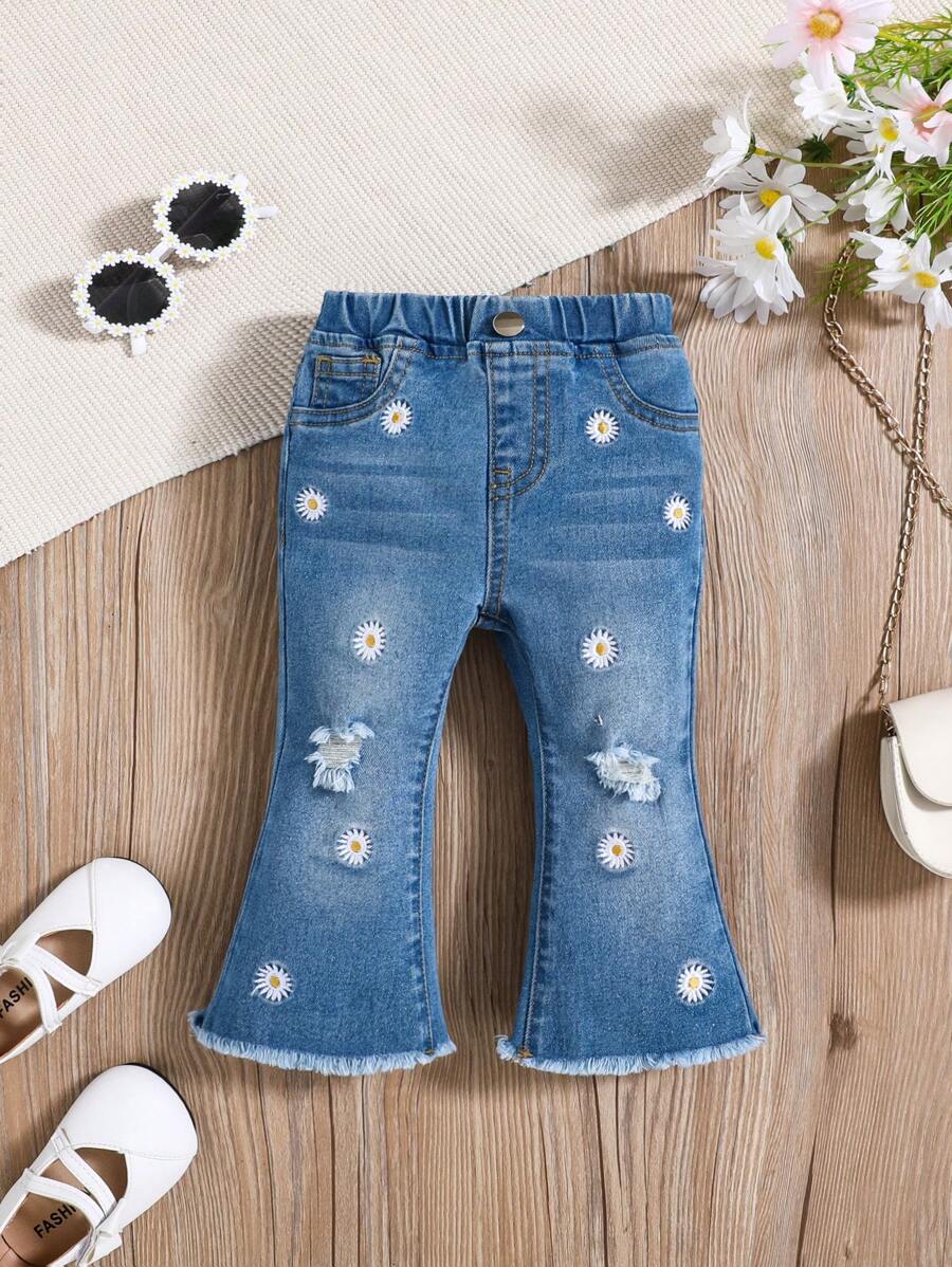 SHEIN 嬰兒女孩高腰彈性花卉刺繡喇叭褲，水洗女孩牛仔夏季套裝