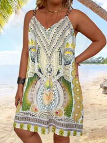 SHEIN Holidaya 大尺碼假日風格印花吊帶裙 - 黃色 - 查看 3