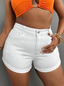 SHEIN SXY Cộng với quần short denim trắng cạp cao rách cuộn lên - trắng - Xem 3