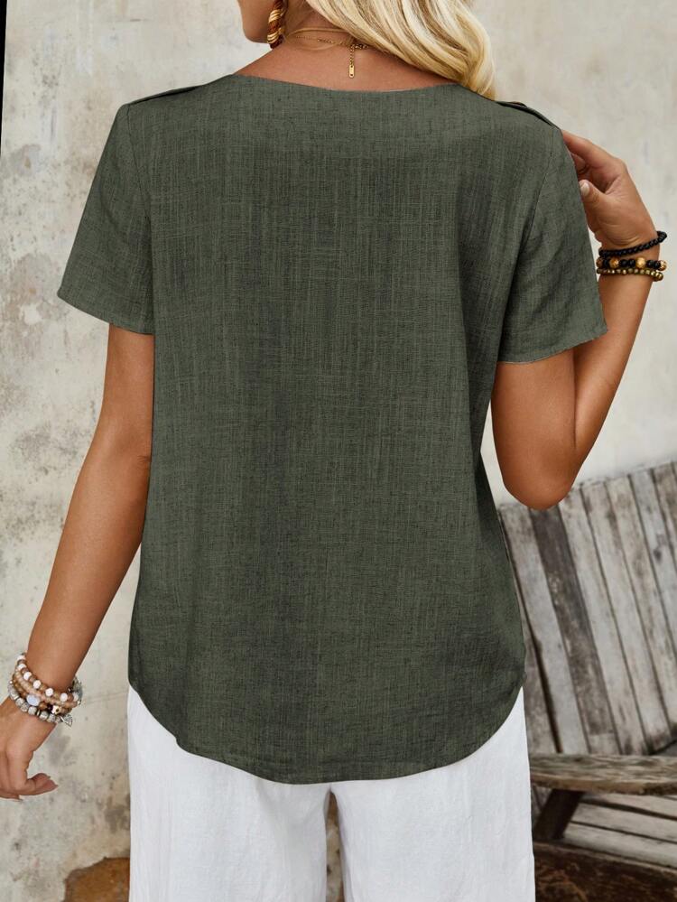 Women's Country Vacation Short Sleeve Linen Khaki Shirt With Button Boat Neckline