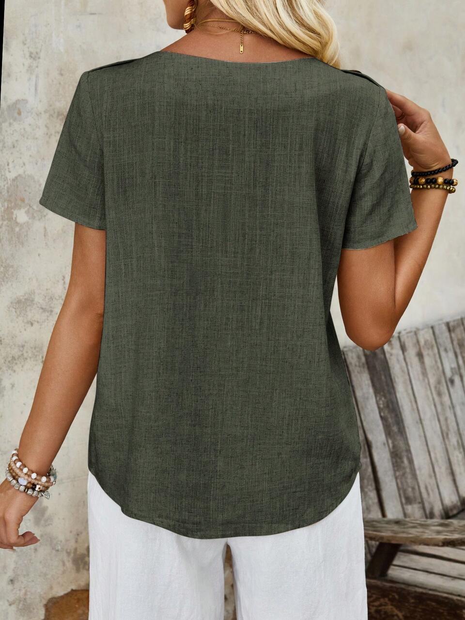 Women's Country Vacation Short Sleeve Linen Khaki Shirt With Button Boat Neckline