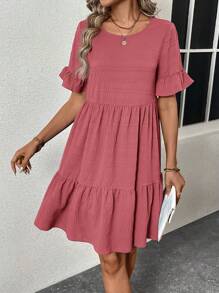 SHEIN LUNE Women's Summer Solid Color Round Neck Short Sleeve Loose A-Line Dress - Pink - View 4