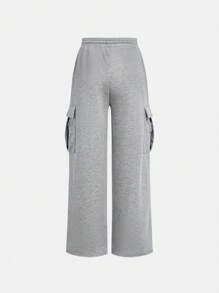 SHEIN Girlism Teen Girl's Knitted Floral Gray Casual Wide-Leg Pants With Patch Pockets