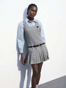 Maija 女裝簡約格紋印花無袖日常連衣裙 - 灰色 - 查看 2