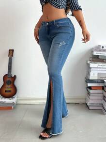 SHEIN SXY Ripped Raw Hem Flare Leg Jeans - Blue - View 6