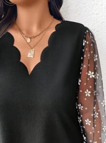 SHEIN Frenchy Vestido de línea A negro con malla exquisita, cuello de ola y paneles transparentes, talla grande para fiesta de soltera, baile de graduación