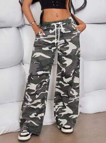 SHEIN ICON Jeans con estampado de camuflaje y cintura ajustable con cordón y bolsillos inclinados