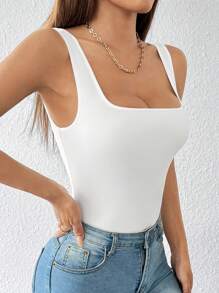 SHEIN PETITE Solid Color Wide Strap Basic Stretch White Bodysuit - White - View 5