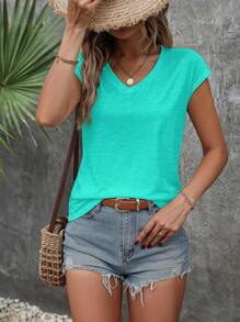 EMERY ROSE Women's Solid Color V-Neck Short Sleeve Casual T-Shirt, Summer - Baby Blue - View 6