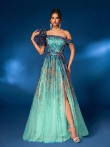 Glamrae 优雅蓝色渐变网眼浪漫花卉数码印花肩部夸张 3D 花朵腰部高腰连衣裙，适合约会、度假、单身派对、毕业典礼、婚礼、特殊场合、正式晚宴、宴会舞会晚会婚礼宾客礼服 - 彩色 - 查看 4