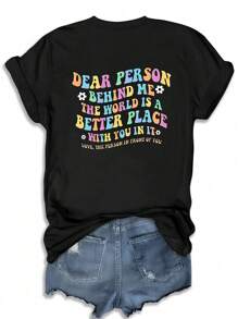 INAWLY Plus Size Rainbow Alphabet Graphic Áo thun nữ, Mùa hè NGƯỜI KÍNH MANG PHÍA SAU TÔI THẾ GIỚI LÀ MỘT NƠI TỐT HƠN VỚI BẠN TRONG NÓ TÌNH YÊU, NGƯỜI TRƯỚC TRƯỚC BẠN - màu đen - Xem 2