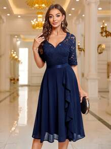 MIUSOL Sweetheart Neck Floral Lace Ruffle Trim Cocktail Party Swing Dress Wedding Guest Dress Prom Dress