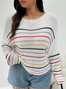 SHEIN Essnce 大码女式夏秋季休闲宽松镂空半透明长袖白色条纹套头衫，返校，秋季女装，圆领上衣 - 彩色 - 查看 1