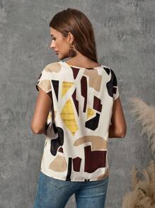 EMERY ROSE Women's Summer Geometric Printed Round Neck Batwing Short Sleeve Casual Shirt,Short Sleeve Tops