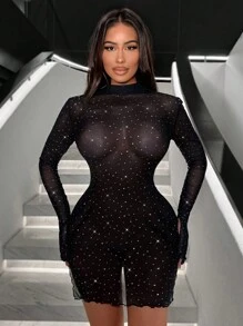 SHEIN SXY Mock Neck Lettuce Trim Mesh Bodycon Dress Without Lingerie