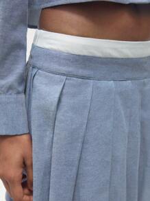 Maija Back To School Vải Oxford màu xanh được cắt xếp nếp theo phong cách Preppy thông thường - Màu xanh lam - Xem 4