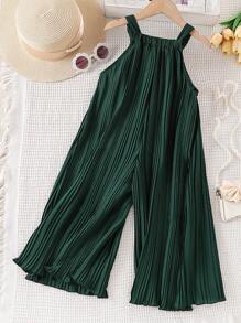 SHEIN Combinaison de jambe large plissée avec fleur 3D et bretelle pour jeune fille, couleur unicolore - Vert sapin - Voir 2