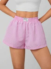 SHEIN PETITE 女士粉白條紋腰帶字母裝飾彈性腰短褲 - 粉色 - 查看 4