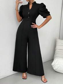 Chiquease 女士夏季V領泡泡袖連身褲，彈性腰帶和寬腿褲 - 黑色 - 查看 6