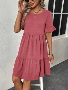 SHEIN LUNE Women's Summer Solid Color Round Neck Short Sleeve Loose A-Line Dress - Pink - View 5