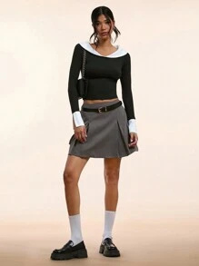 Forever 21 Women's Spring/Summer Color-Blocked Peter Pan Collar Long Sleeve Slim Fit T-Shirt