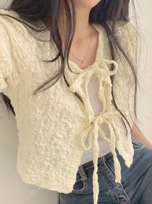 2025 Spring/Summer Girly Solid Color Cropped Tie-Up Cardigan