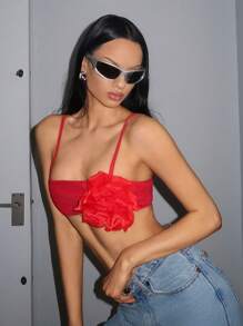 SHEIN Unity Stereo Flower Crop Cami Top - Red - View 5