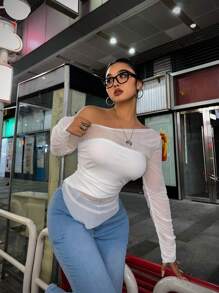 POPSWAY Plus Size Solid Color Asymmetric Collar Pleated Sheer Long Sleeve Top