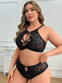 Bộ đồ lót ren không dây gợi cảm cỡ lớn 2 món - màu đen - Xem 5