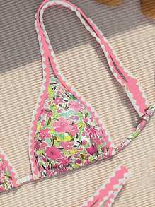 Swim Mod Set Bikini Wanita Musim Panas Motif Bunga dengan Tali untuk Liburan di Pantai - MultiWarna - View 6