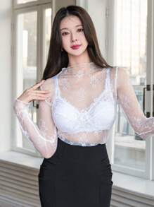 DAZY 女士蕾丝透视立领性感长袖衬衫，秋季女装 - 白色 - 查看 9