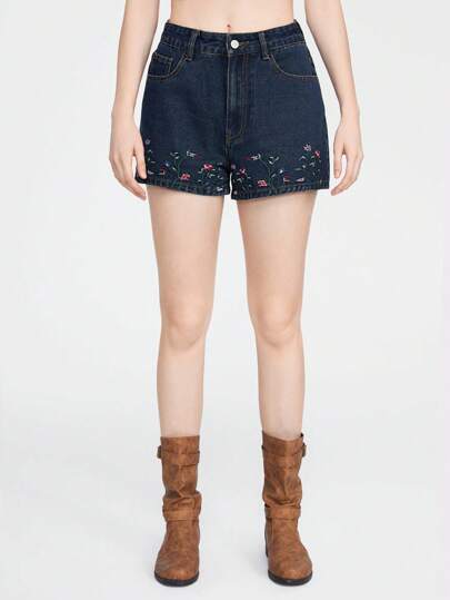 ROMWE 女款有口袋花繡牛仔短褲