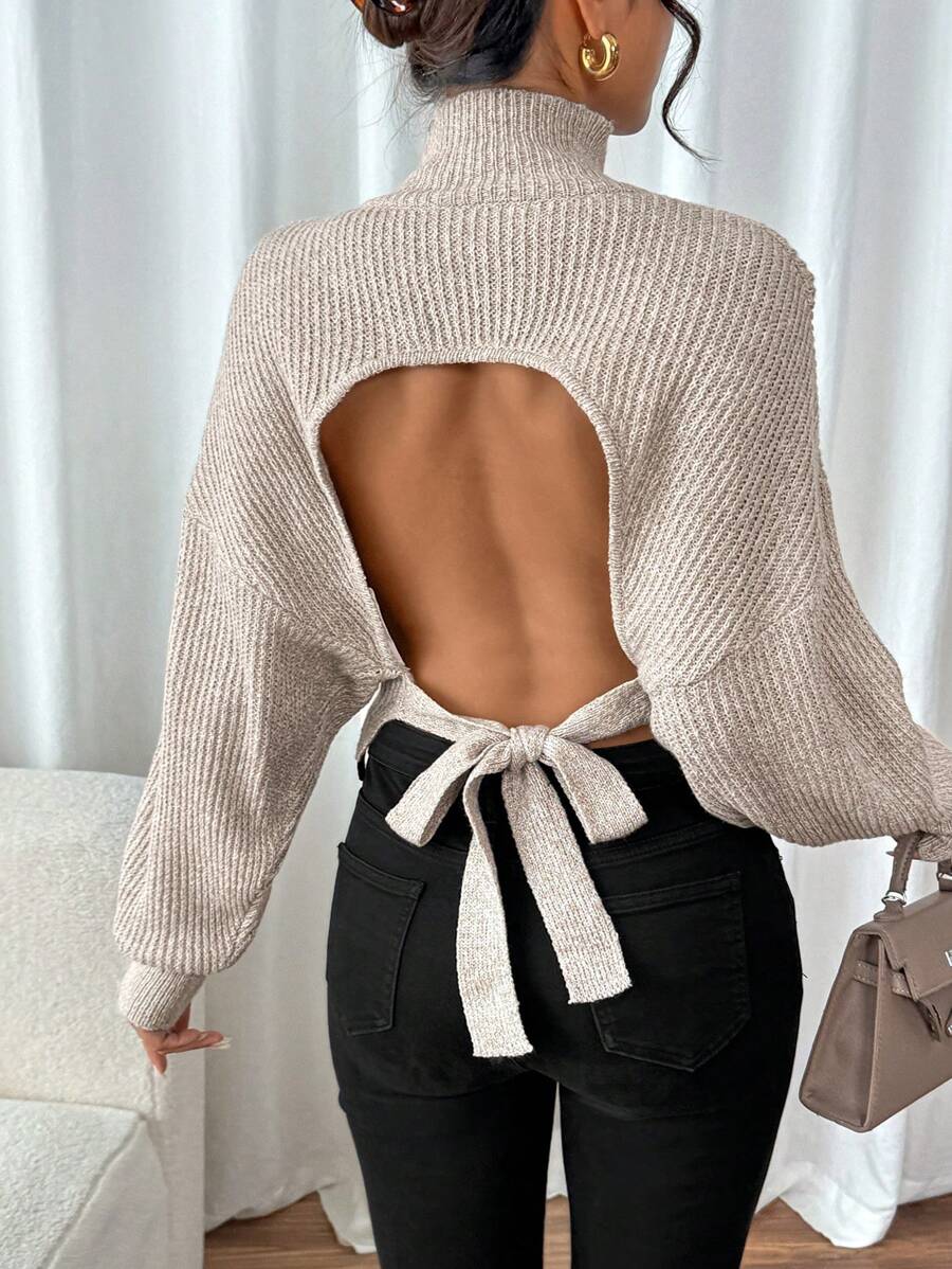 SHEIN Frenchy Women's Fall Outfits Backless High-Neck Sweater With Knotted Tie,Long Sleeve Tops Winter Party Spring - Apricot - View 1
