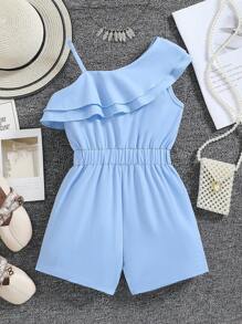 SHEIN Mono con cuello asimétrico y recorte de volantes para niña joven - Azul - Ver 2