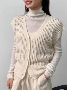 FRIFUL Top casual y cómodo de punto con malla, mangas cortas y botones para mujer con cuello en V