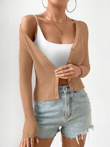 Chiquease Ribbed Knit Button Front Cardigan For Dailywear - Brown - View 7