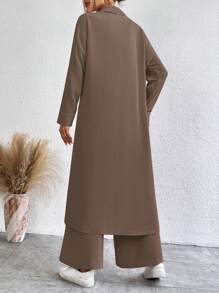 SHEIN LUNE Solid Button Front Shirt & Wide Leg Pants - Mocha Brown - View 2